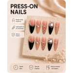 Nude Black French Tip Press‑On Nails, Long Almond Nails with Polka Dots, Rhinestones & Pearls, Luxury False Nails